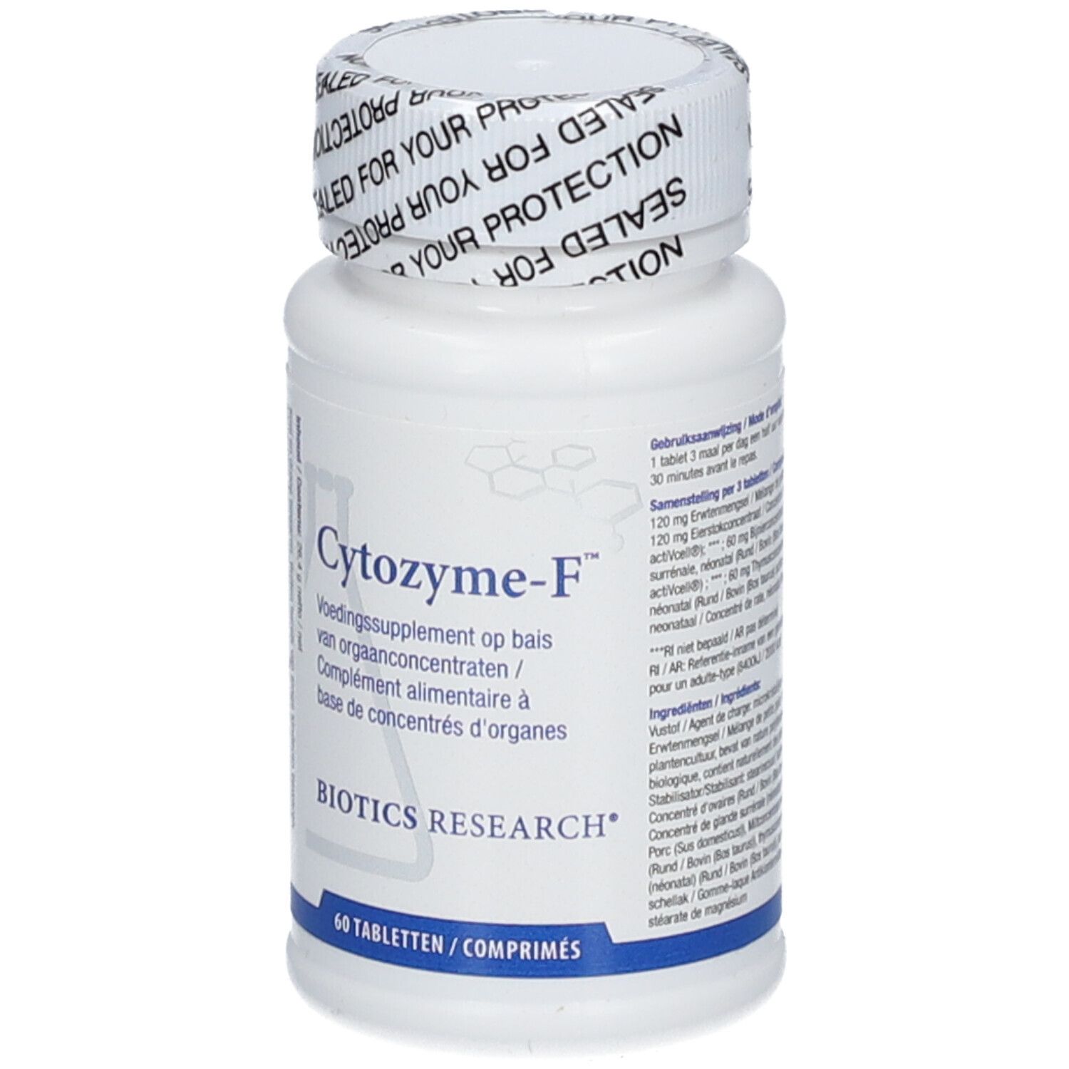 Weiße Flasche mit Cytozyme-F Etikett und versiegelter Kappe, 60 Tabletten.