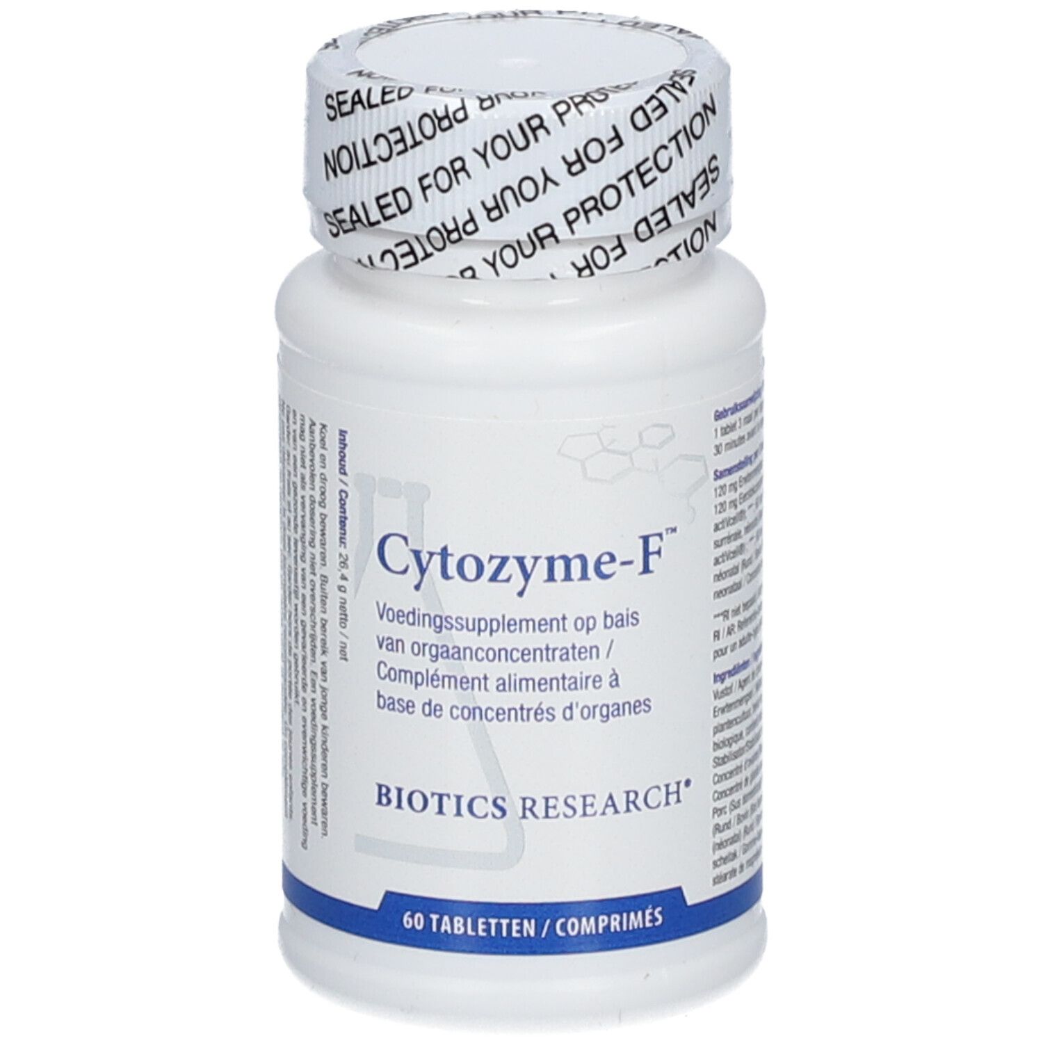 Weiße Flasche mit Cytozyme-F Etikett und versiegelter Kappe, 60 Tabletten.