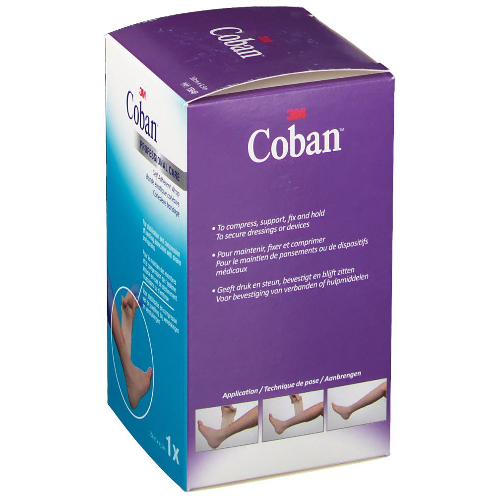 3M Coban Verpackung. Lila-weißes Design mit Produktname und Logo. Zeigt Anwendungshinweise. 1x Packung.