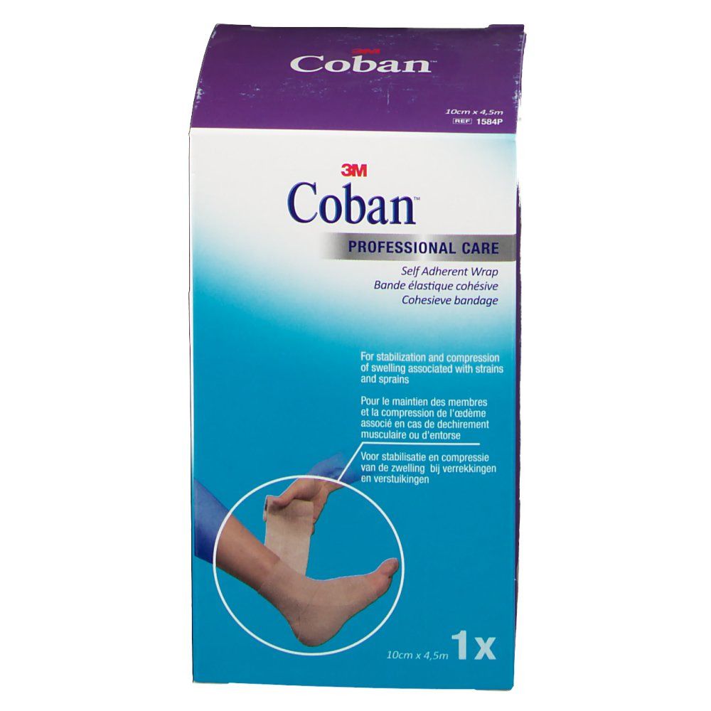 3M Coban Bandage-Verpackung. Blau-weißes Design mit Produktname und Logo. Zeigt eine Fußbandage. 10cm x 4,5m.