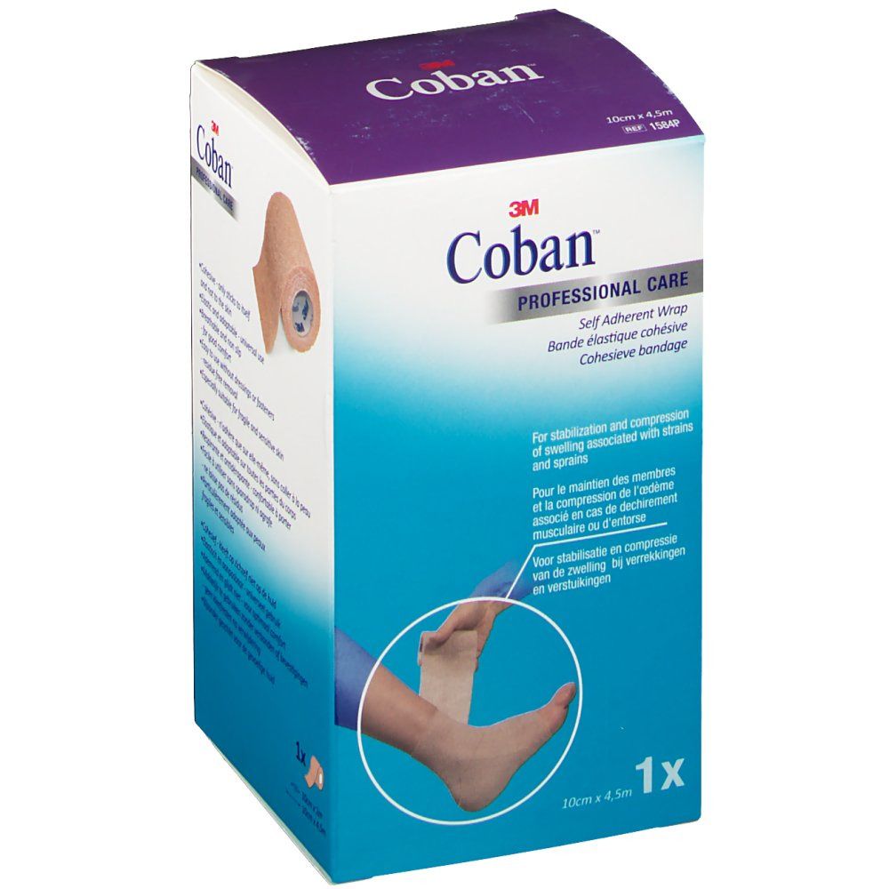 3M Coban Bandage-Verpackung. Beige Bandage auf Rolle sichtbar. Produktname und Logo. 10cm x 6,5m.