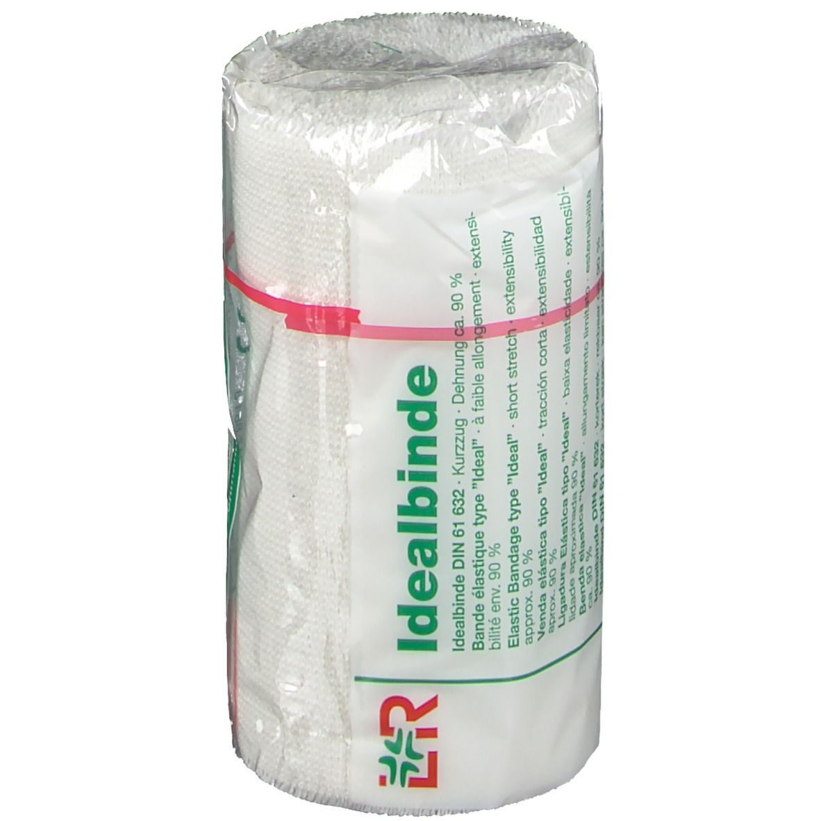 Elastische Binde Idealbinde, 10 cm x 5 m, in Folie verpackt. Mit rotem Gummiband fixiert.