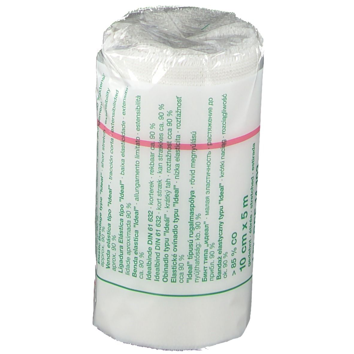 Elastische Binde Idealbinde, 10 cm x 5 m, in Folie verpackt. Mit rotem Gummiband fixiert.