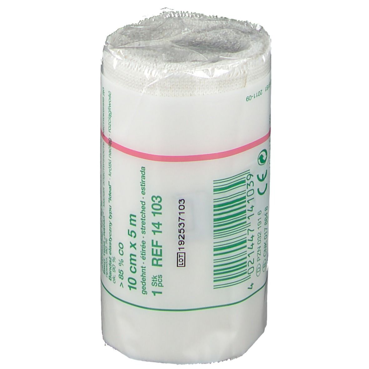 Elastische Binde Idealbinde, 10 cm x 5 m, in Folie verpackt. Mit rotem Gummiband fixiert.