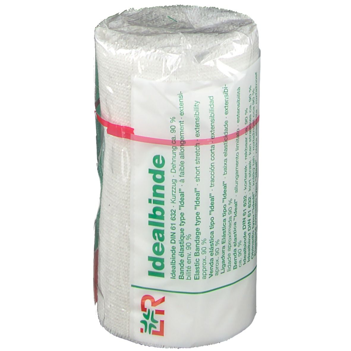 Elastische Binde Idealbinde, 10 cm x 5 m, in Folie verpackt. Mit rotem Gummiband fixiert.