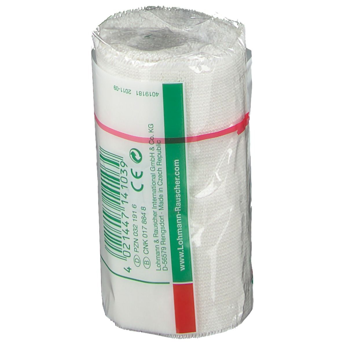 Elastische Binde Idealbinde, 10 cm x 5 m, in Folie verpackt. Mit rotem Gummiband fixiert.