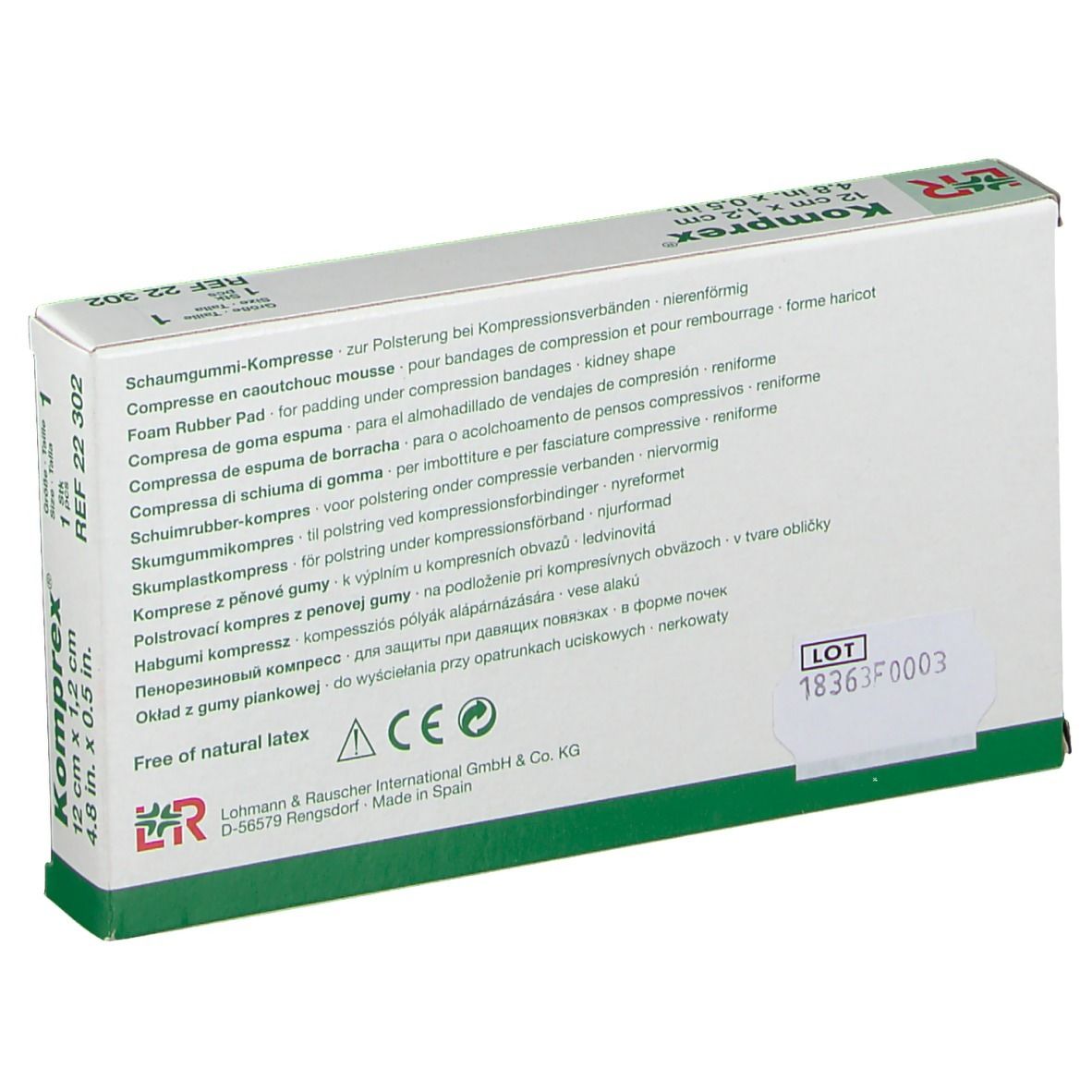 Rückseite der Komprex-Verpackung. Produktinformationen in mehreren Sprachen. Größe 1, REF 22 302.