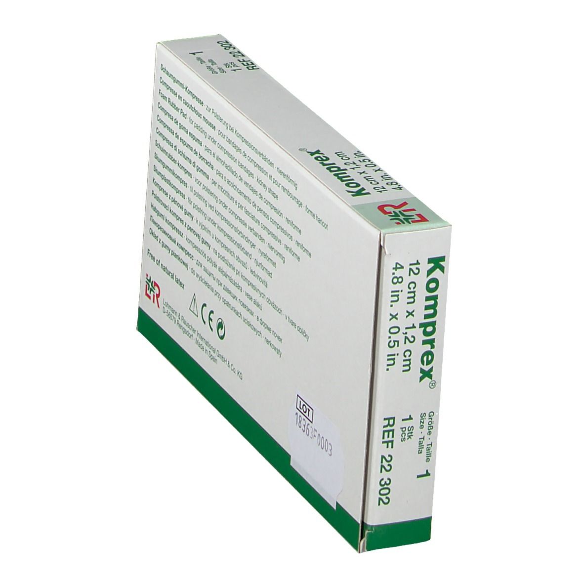 Schrägansicht der Komprex-Verpackung. Produktinformationen auf der Rückseite. Größe 1, REF 22 302.