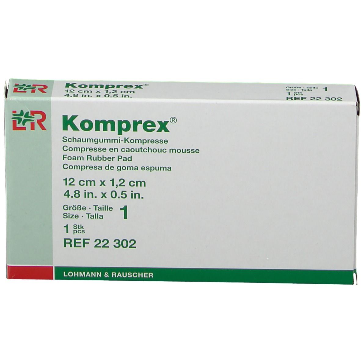 Komprex Schaumgummikompresse-Verpackung. Größe 1, 12 cm x 1,2 cm. Enthält 1 Stück. REF 22 302.