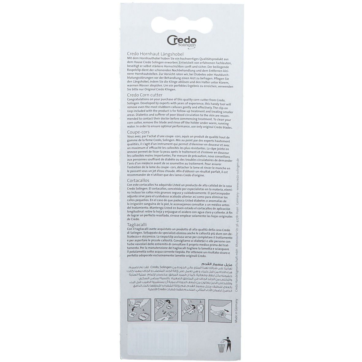 Rückseite der Credo Hörnerschneider Verpackung. Text in Deutsch, Englisch, Französisch, Italienisch. Produktname und Logo.