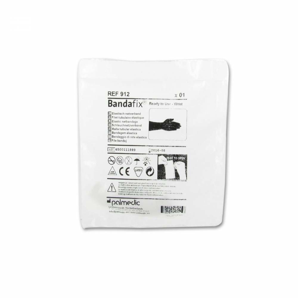 Verpackung mit Bandafix. Aufdrucke: REF 912, Bandafix, Piktogramme, CE-Kennzeichnung, palmedic.