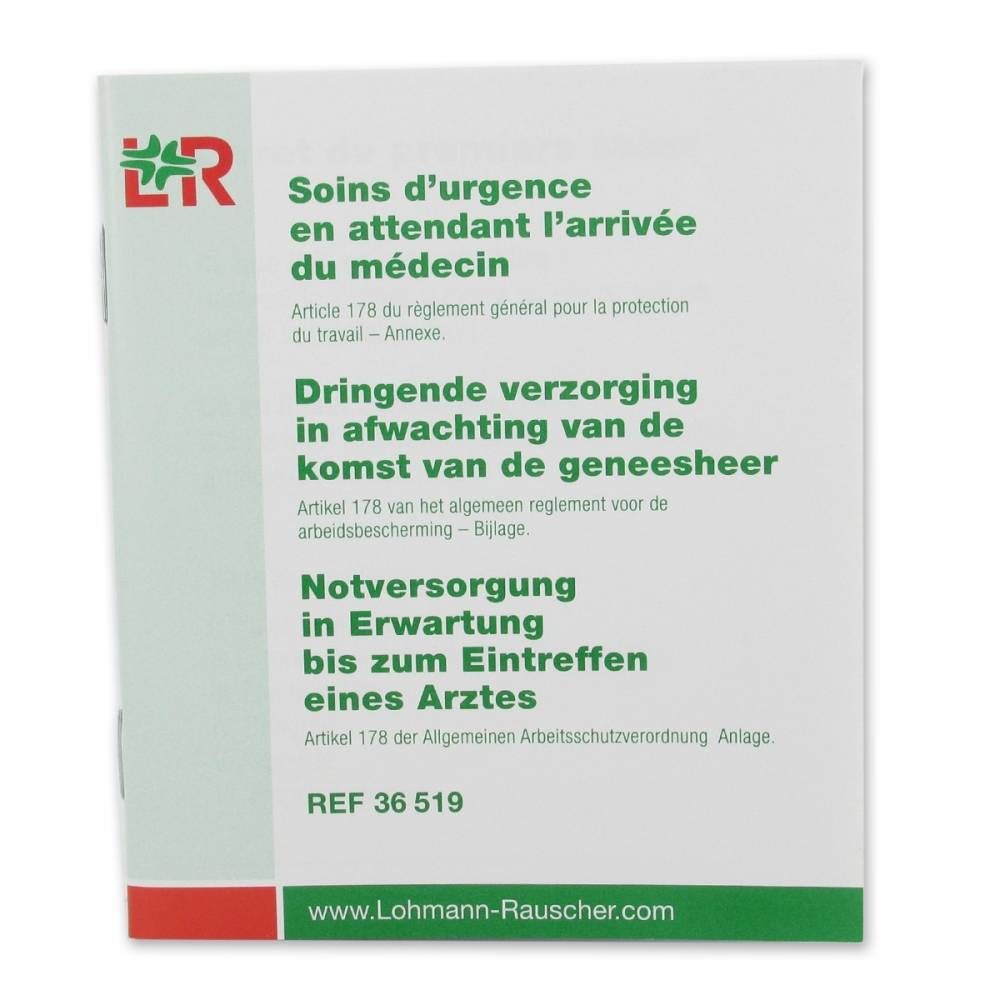 Notice pliée avec texte en français, allemand et néerlandais. Titre : Soins d'urgence en attendant l'arrivée du médecin.