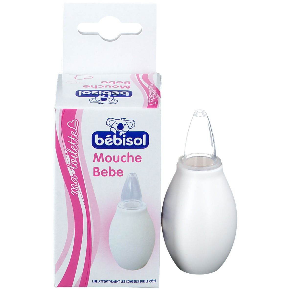 Emballage avec poire nasale. Boîte avec image du produit et texte 'bébisol'.