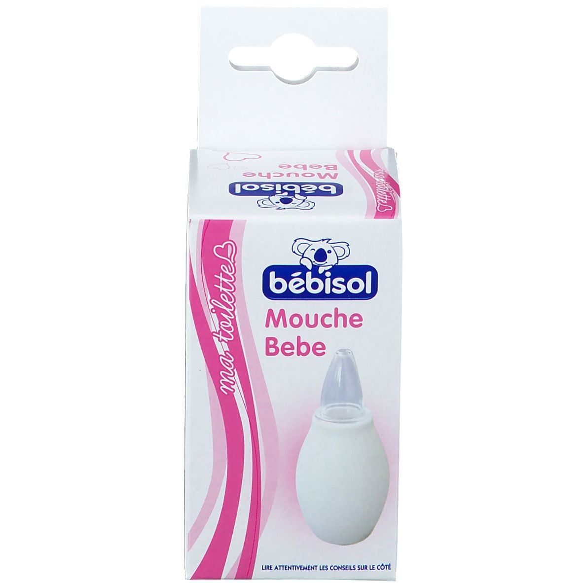 Emballage avec poire nasale. Boîte avec image du produit et texte 'bébisol'.