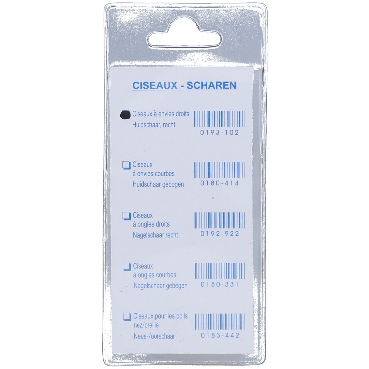 Rückseite der Blisterverpackung mit Produktübersicht. Auflistung verschiedener Scherenarten mit Barcodes.