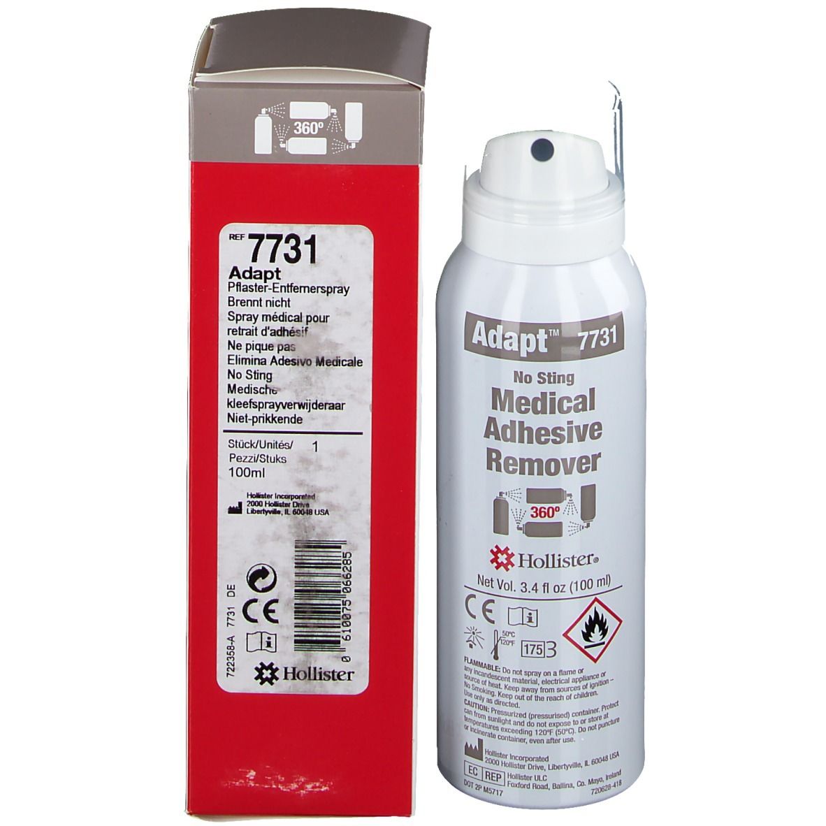 Boîte Adapt et aérosol. Aérosol : Adapt, 7731, Medical Adhesive Remover. Logo Hollister. Symbole de danger.