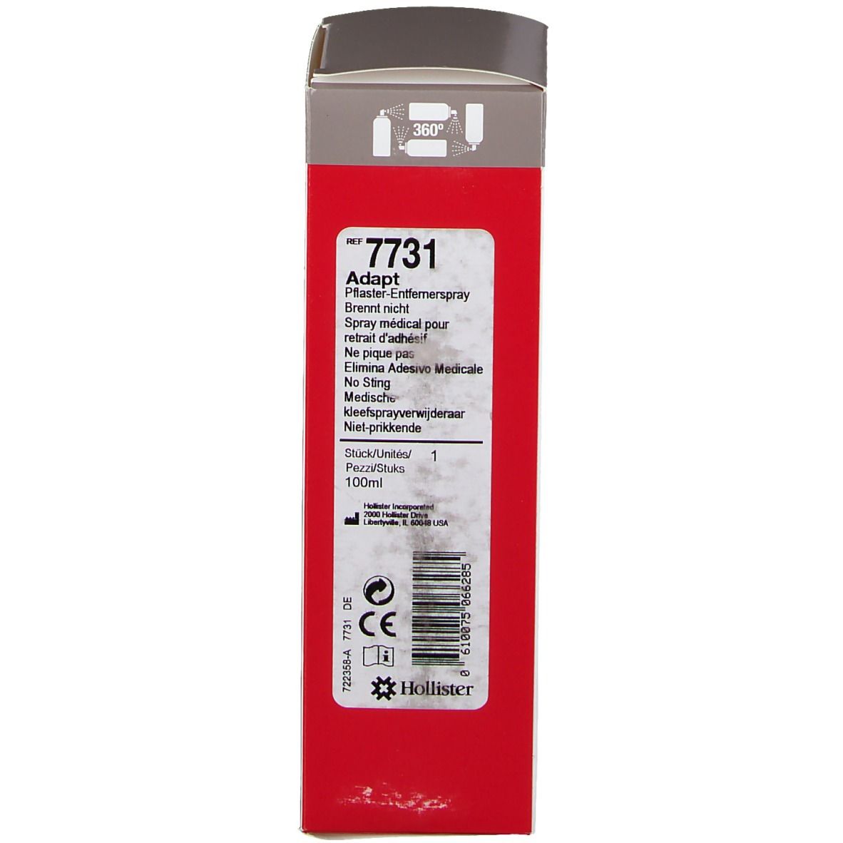 Adapt-Box. Rote und weiße Verpackung. Text: Adapt, 7731, medizinischer Spray. CE-Kennzeichnung. Barcode.