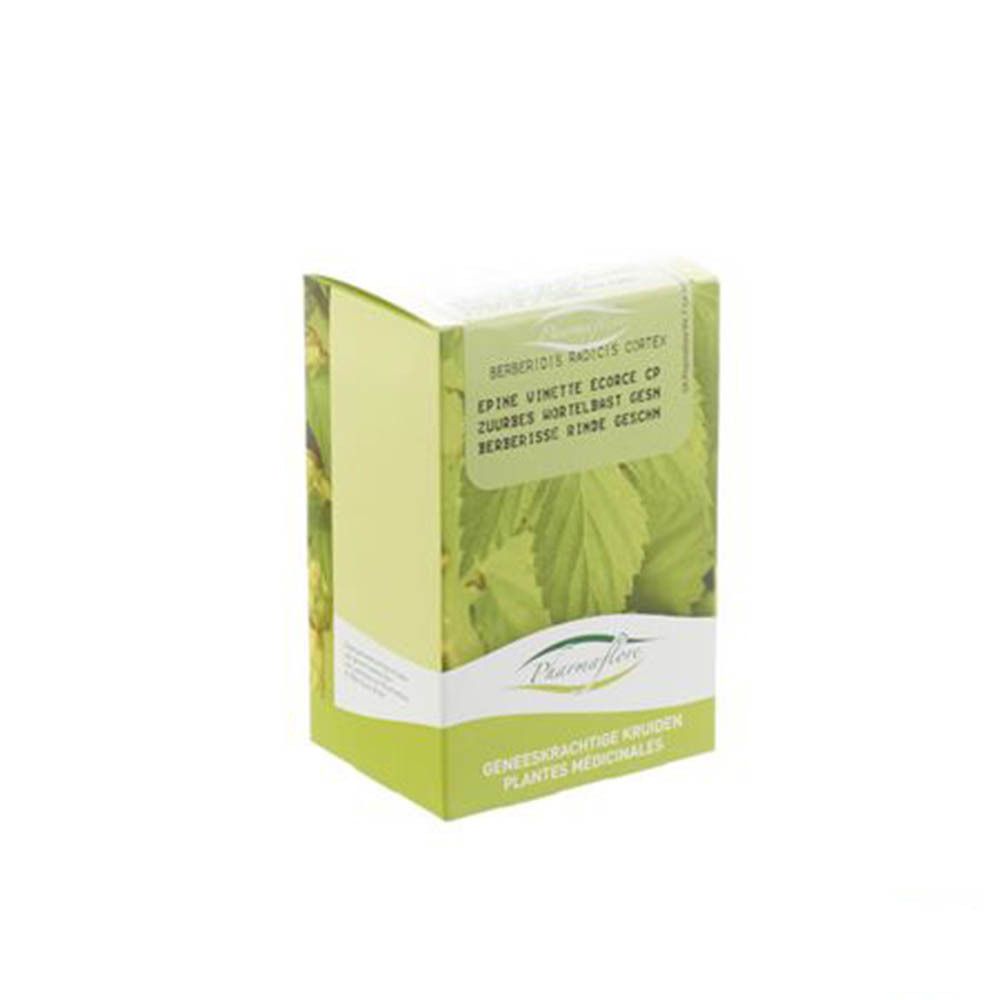 Emballage Pharmaflore, en biais. Texte: Berberidis radicis cortex conc., Epine Vinette Ecorce CP, Zuurbes Wortelbast Gesneden.