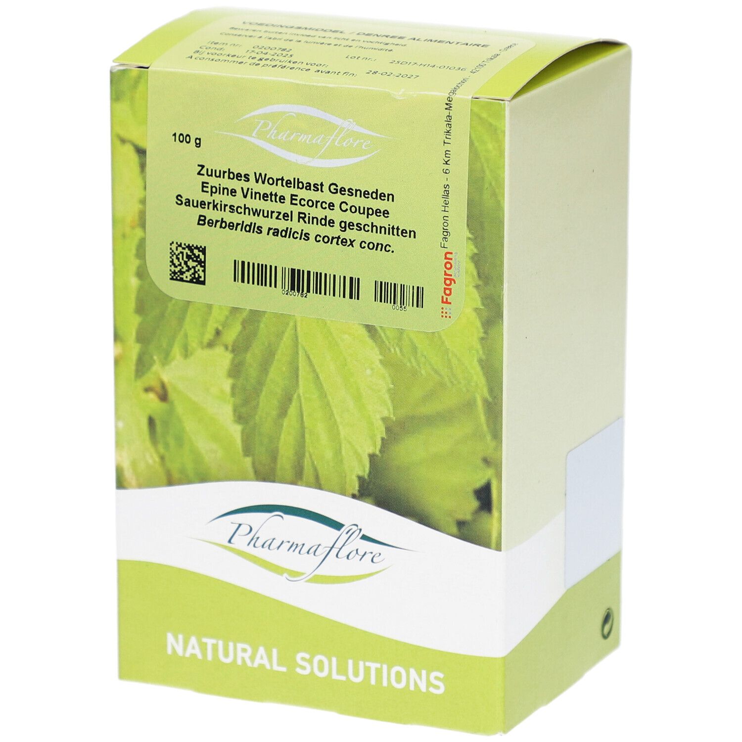 Karton mit Pharmaflore. Text: Zuurbes Wortelbast Gesneden, Epine Vinette Ecorce Coupée, Sauerkirschwurzel Rinde geschnitten. 100g.