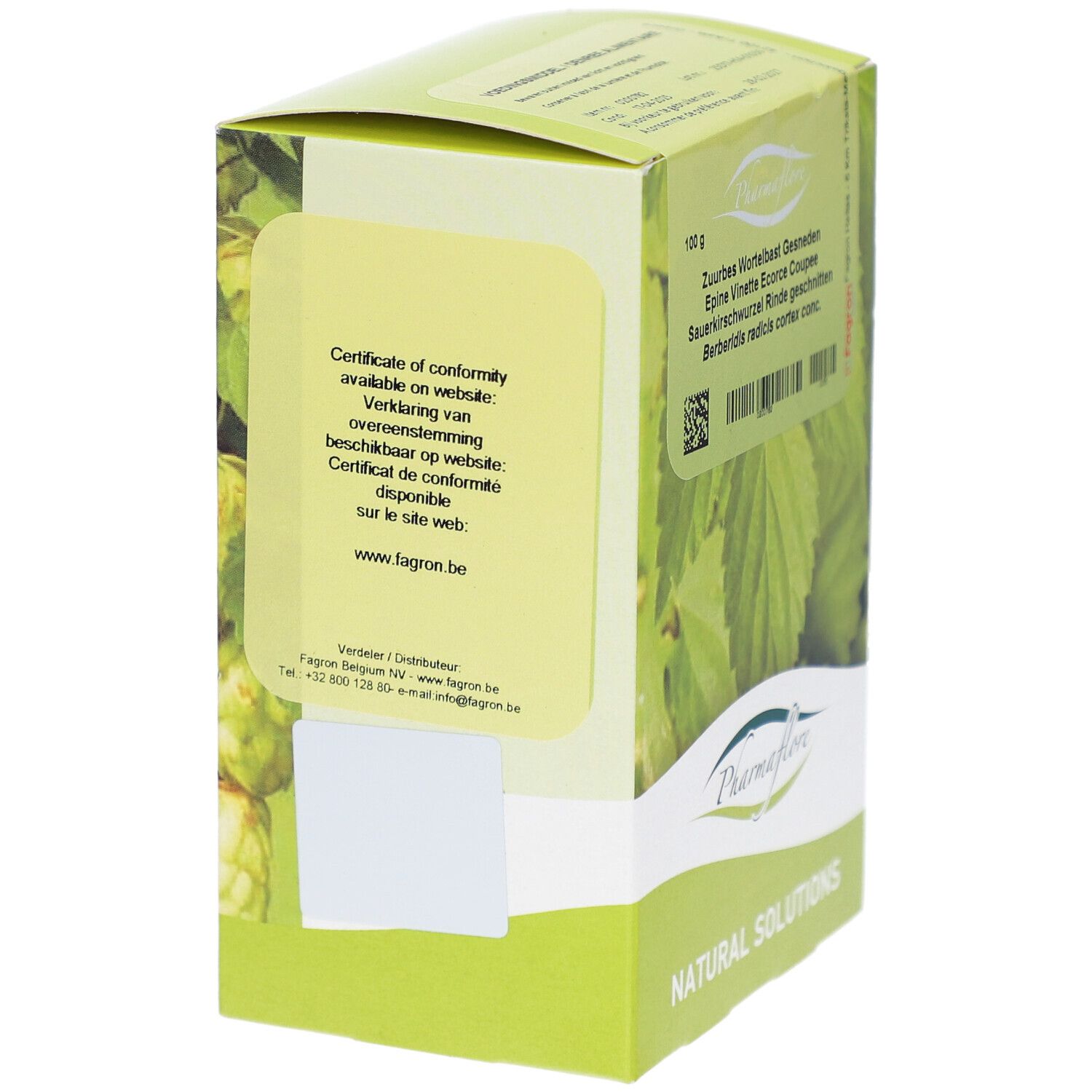 Karton Pharmaflore, Seitenansicht. Text: Certificate of conformity available on website: www.fagron.be. Grün und weiß.