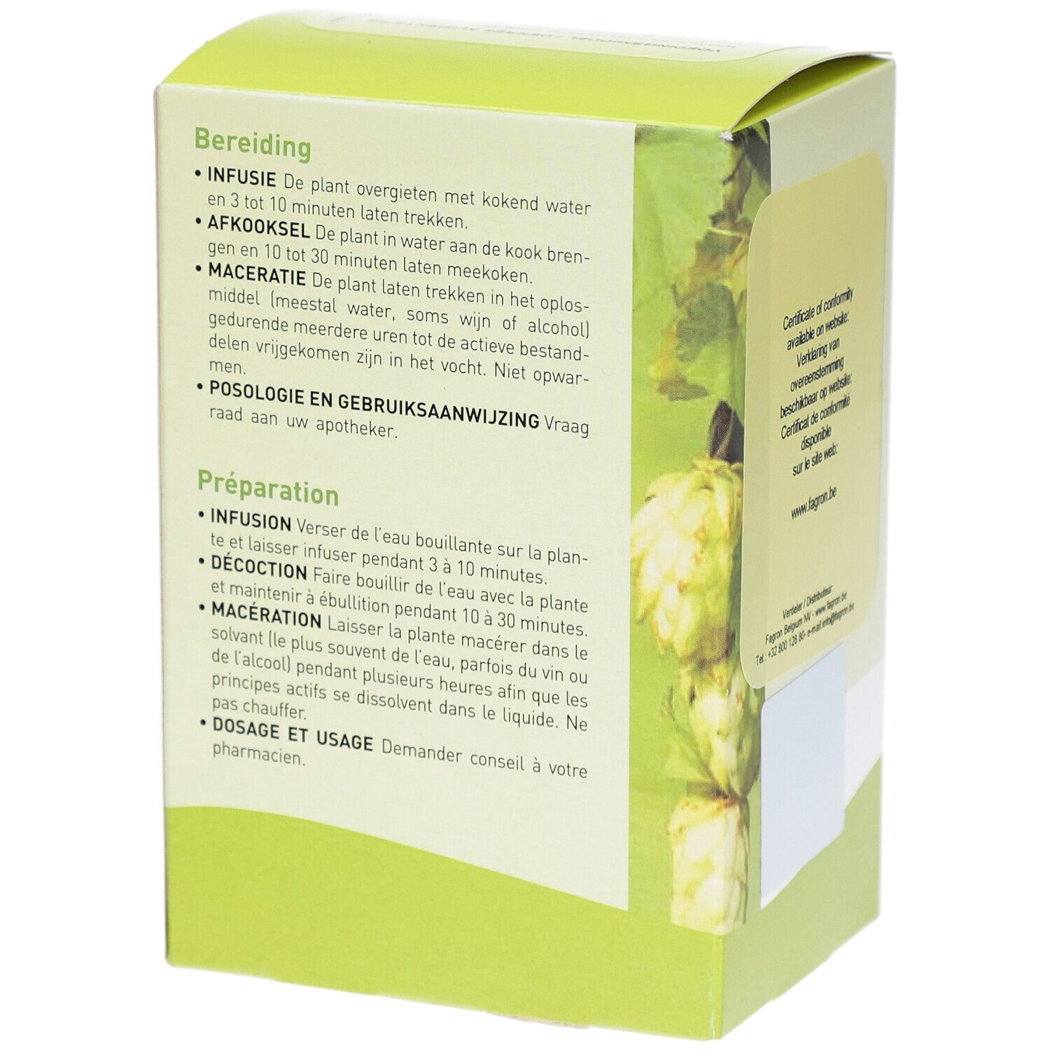 Rückseite der Pharmaflore-Verpackung. Text: Zubereitung, Infusion, Dekoktion, Mazeration. Grün und weiß.