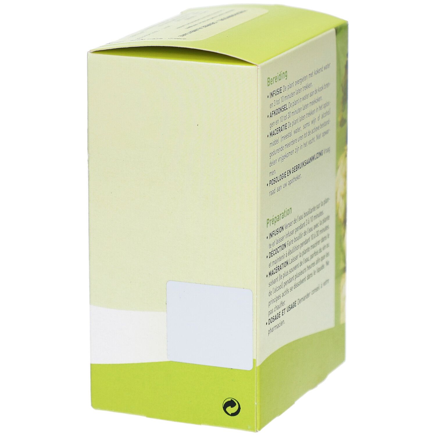 Seitenansicht der Pharmaflore-Verpackung. Text: Zubereitung, Infusion, Dekoktion, Mazeration. Grün und weiß.