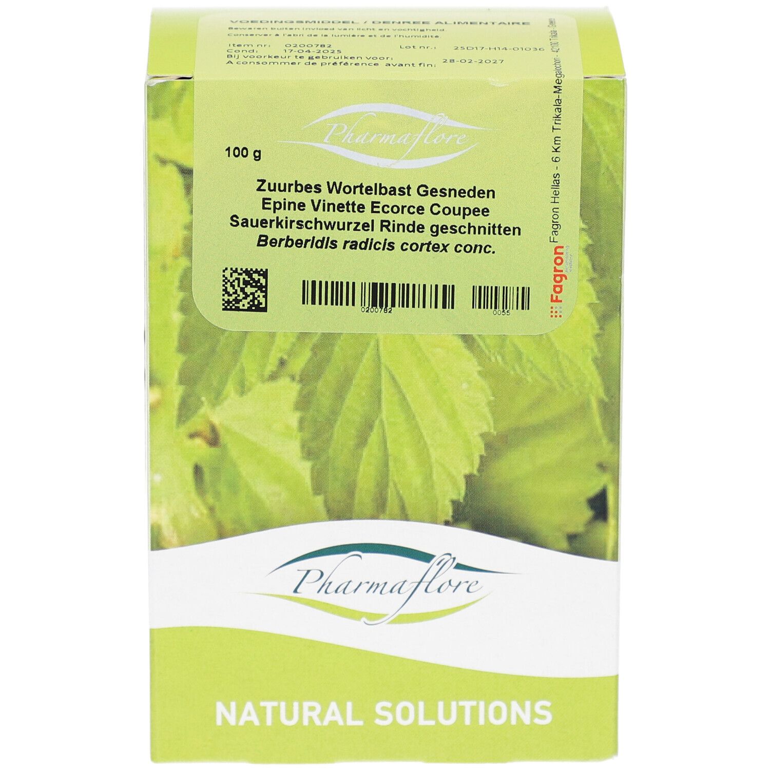 Karton Pharmaflore. Text: Zuurbes Wortelbast Gesneden, Epine Vinette Ecorce Coupée, Sauerkirschwurzel Rinde geschnitten. 100g.