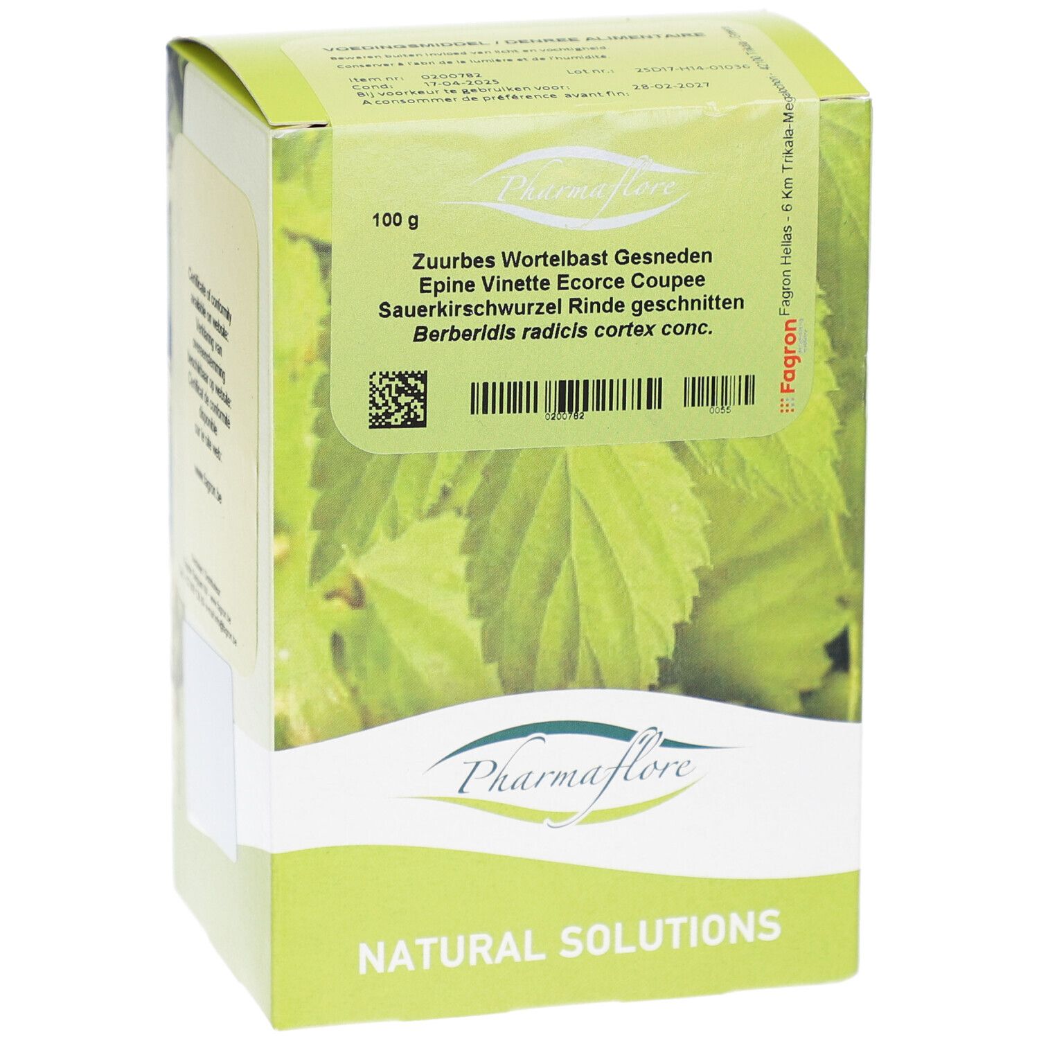 Karton Pharmaflore. Text: Zuurbes Wortelbast Gesneden, Epine Vinette Ecorce Coupée, Sauerkirschwurzel Rinde geschnitten. 100g.