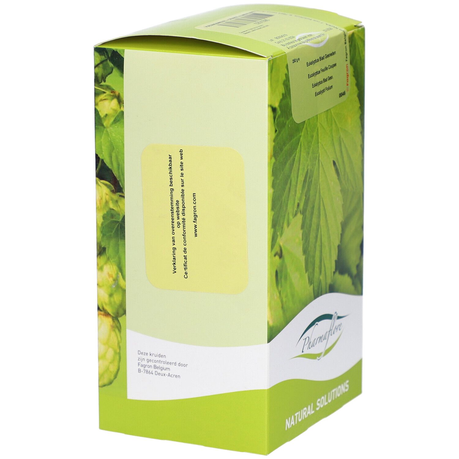 Seitenansicht der Kartonverpackung. Logo Pharmaflore und Text. Abbildung von Blättern im Hintergrund.