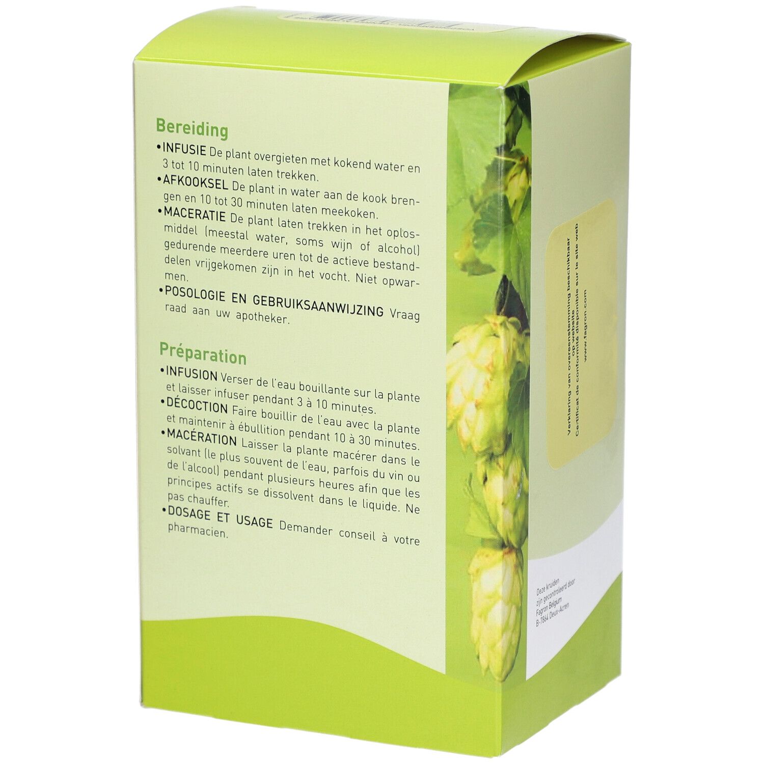 Rückseite der Kartonverpackung mit Text in mehreren Sprachen. Anweisungen und Dosierung.