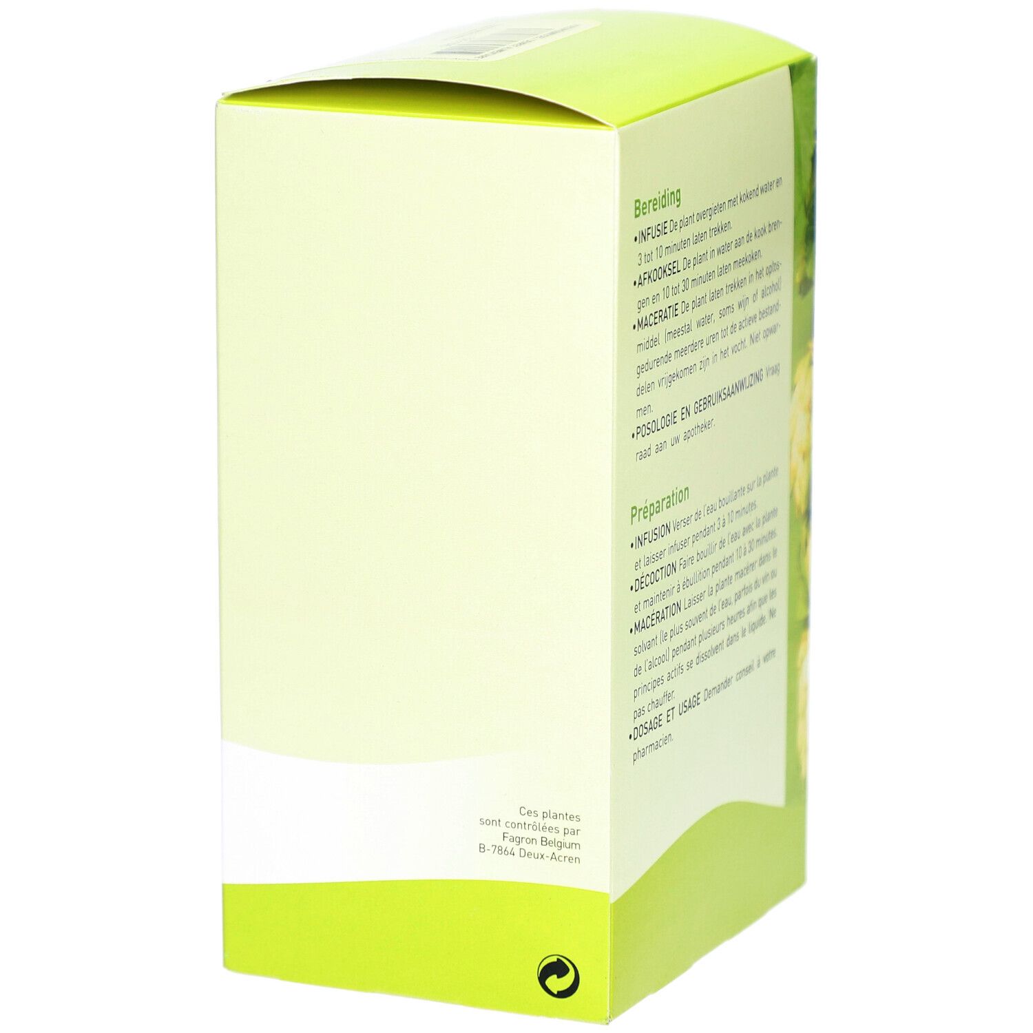 Rückseite der Kartonverpackung mit Text in mehreren Sprachen. Anweisungen und Dosierung.