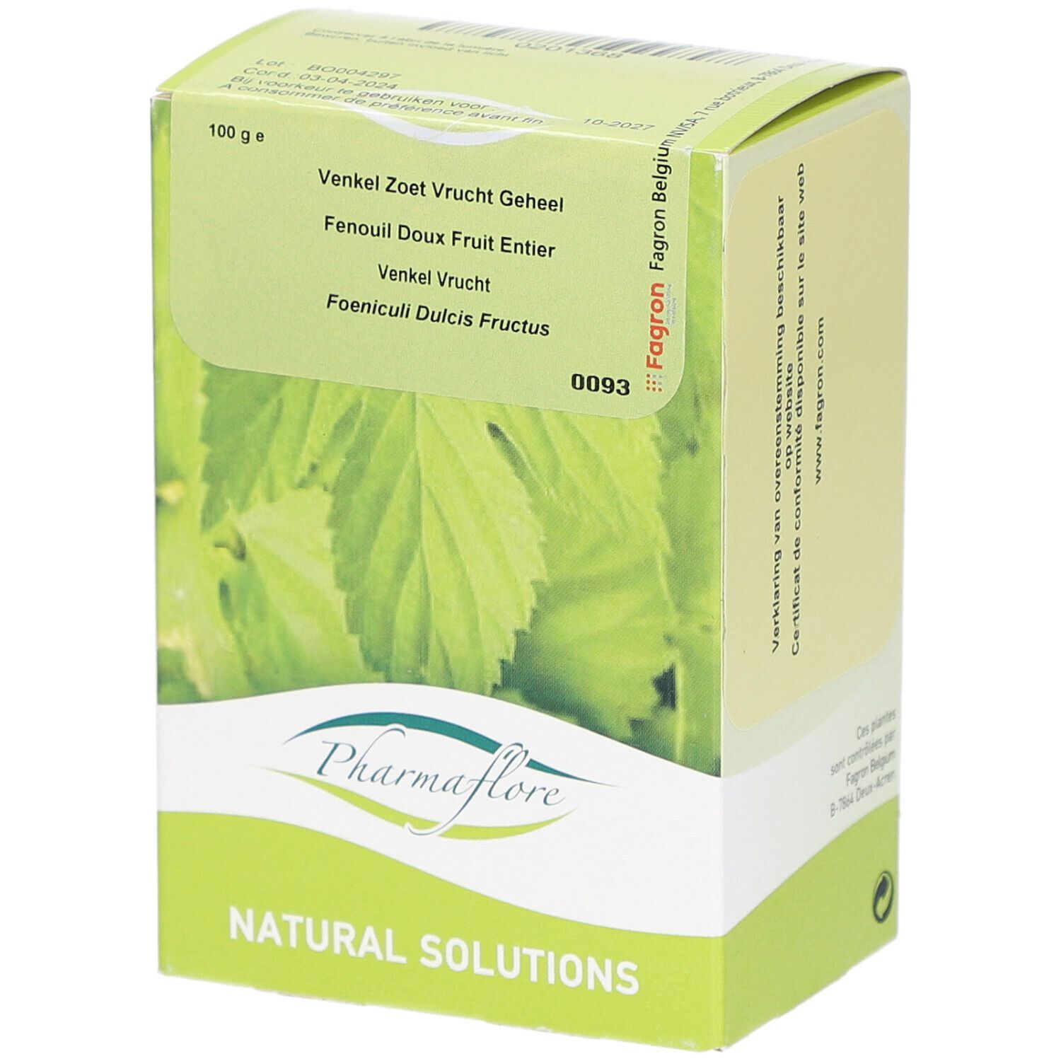 Verpackung von Pharmaflore. Grün-weiße Schachtel mit Produktnamen und Blattmotiv. Text in Niederländisch und Französisch.