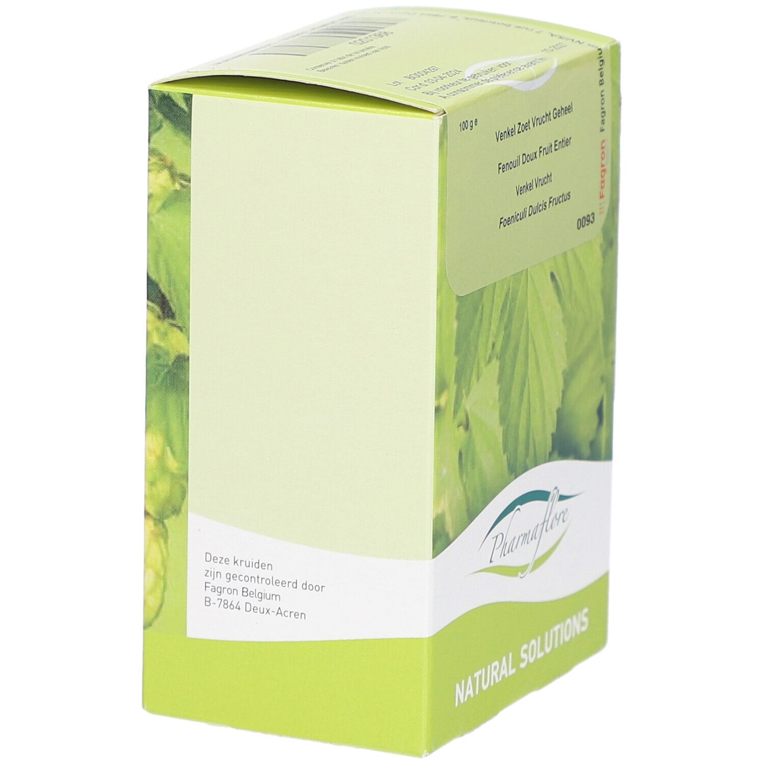 Seitenansicht der Pharmaflore-Verpackung. Grün-weiße Schachtel mit Text. Herstelleradresse und Logo.