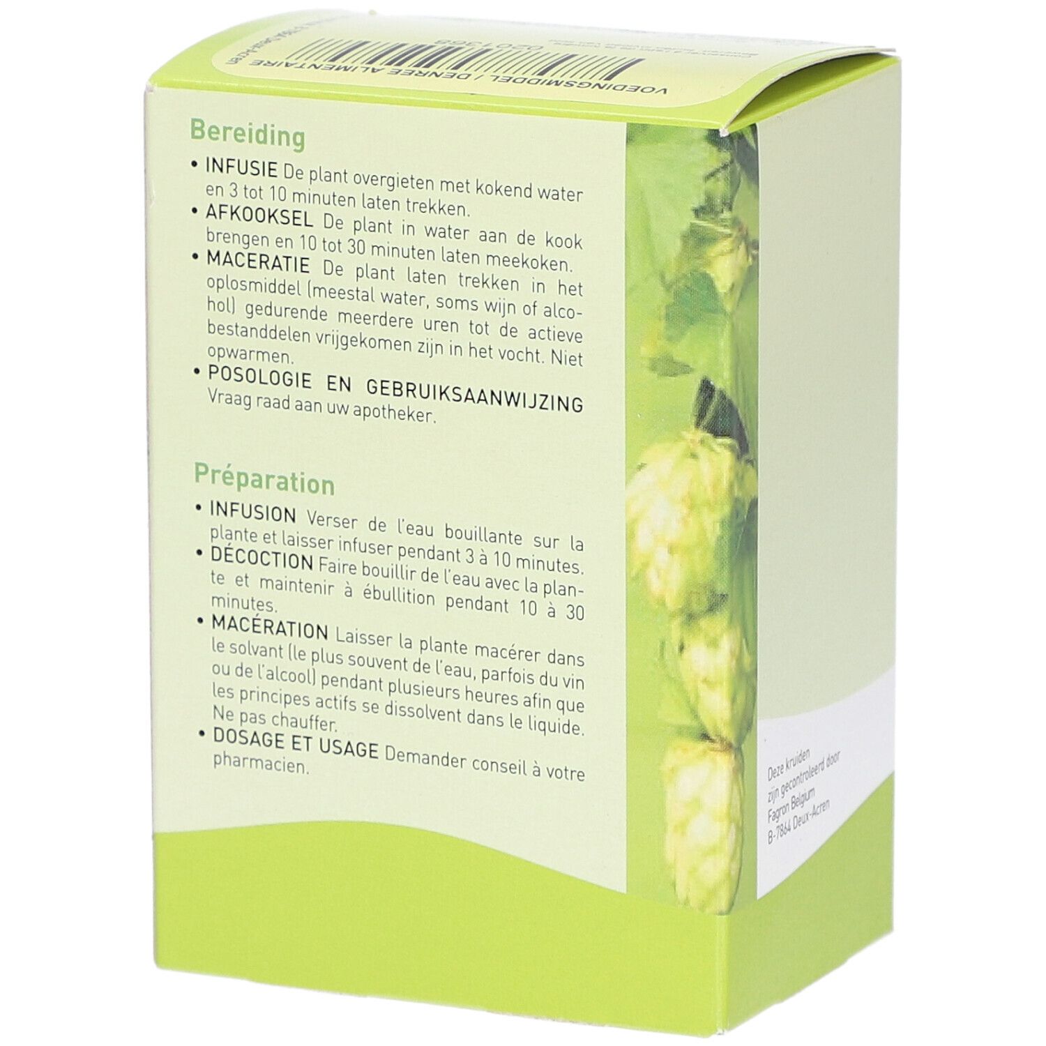 Rückseite der Pharmaflore-Verpackung. Text in Niederländisch und Französisch. Zubereitungshinweise und Dosierung.