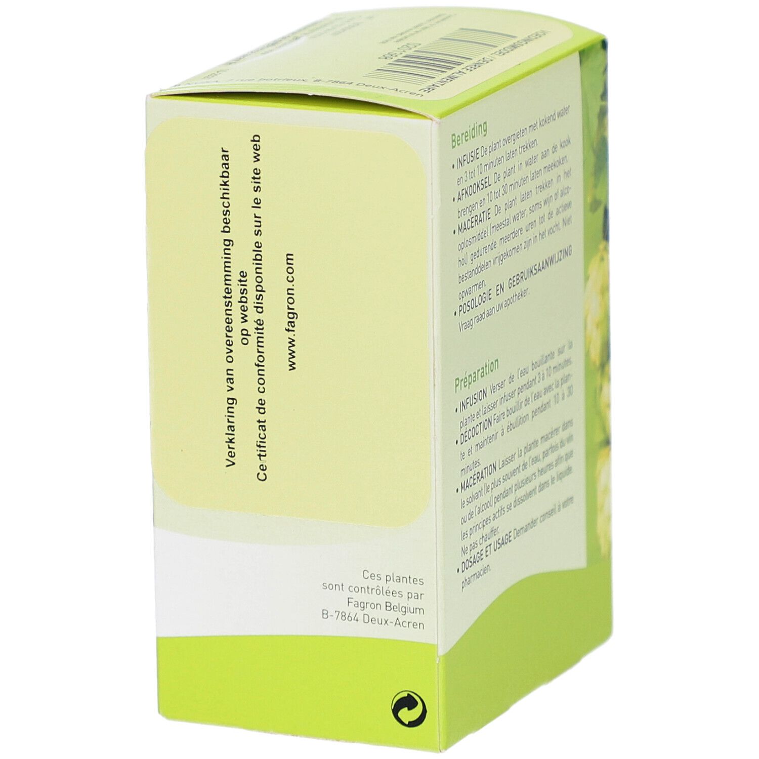 Seite der Pharmaflore-Verpackung. Text in Niederländisch und Französisch. Informationen zur Konformität und Website.