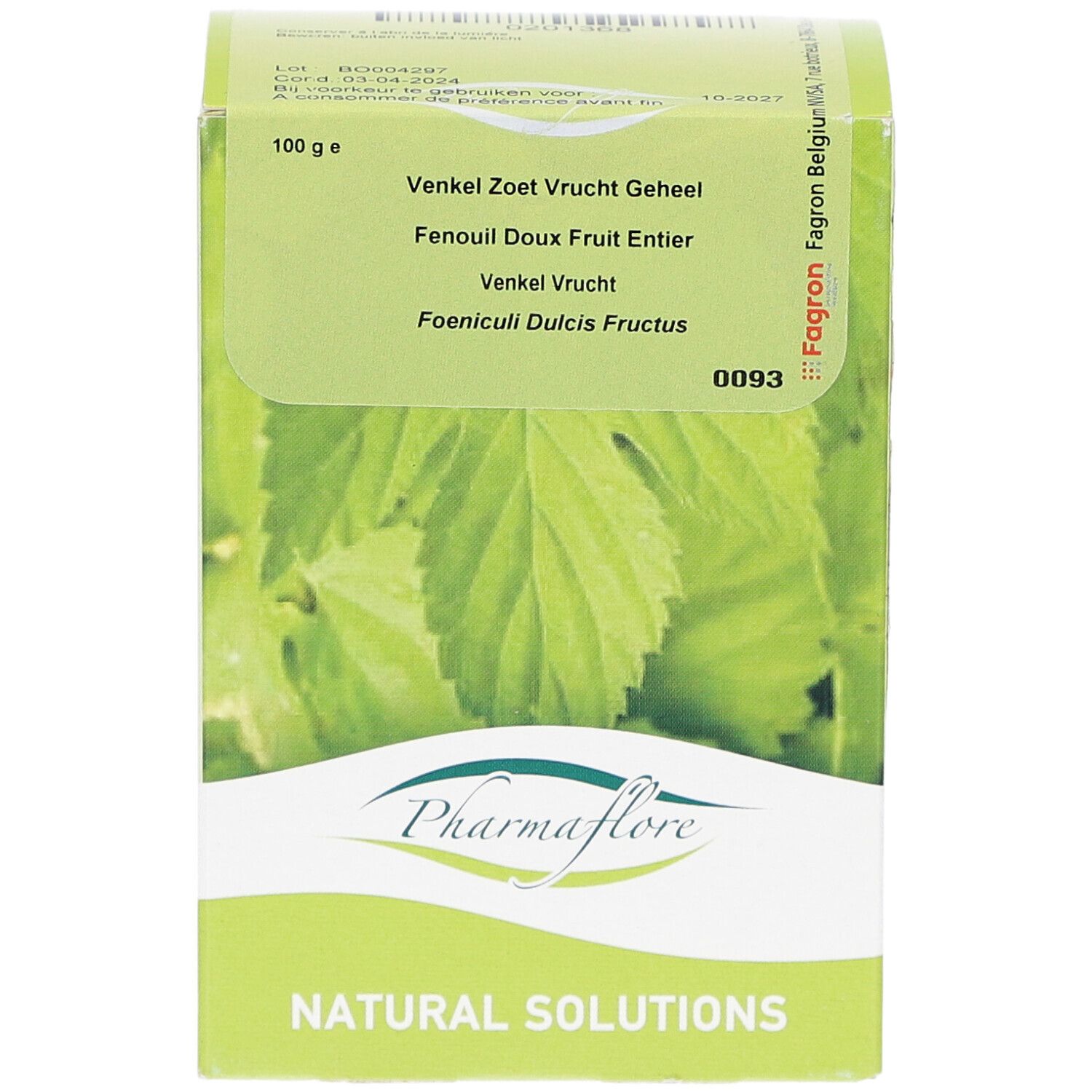 Pharmaflore-Verpackung. Grün-weiße Schachtel mit Produktnamen und Blattmotiv. Text in Niederländisch und Französisch.