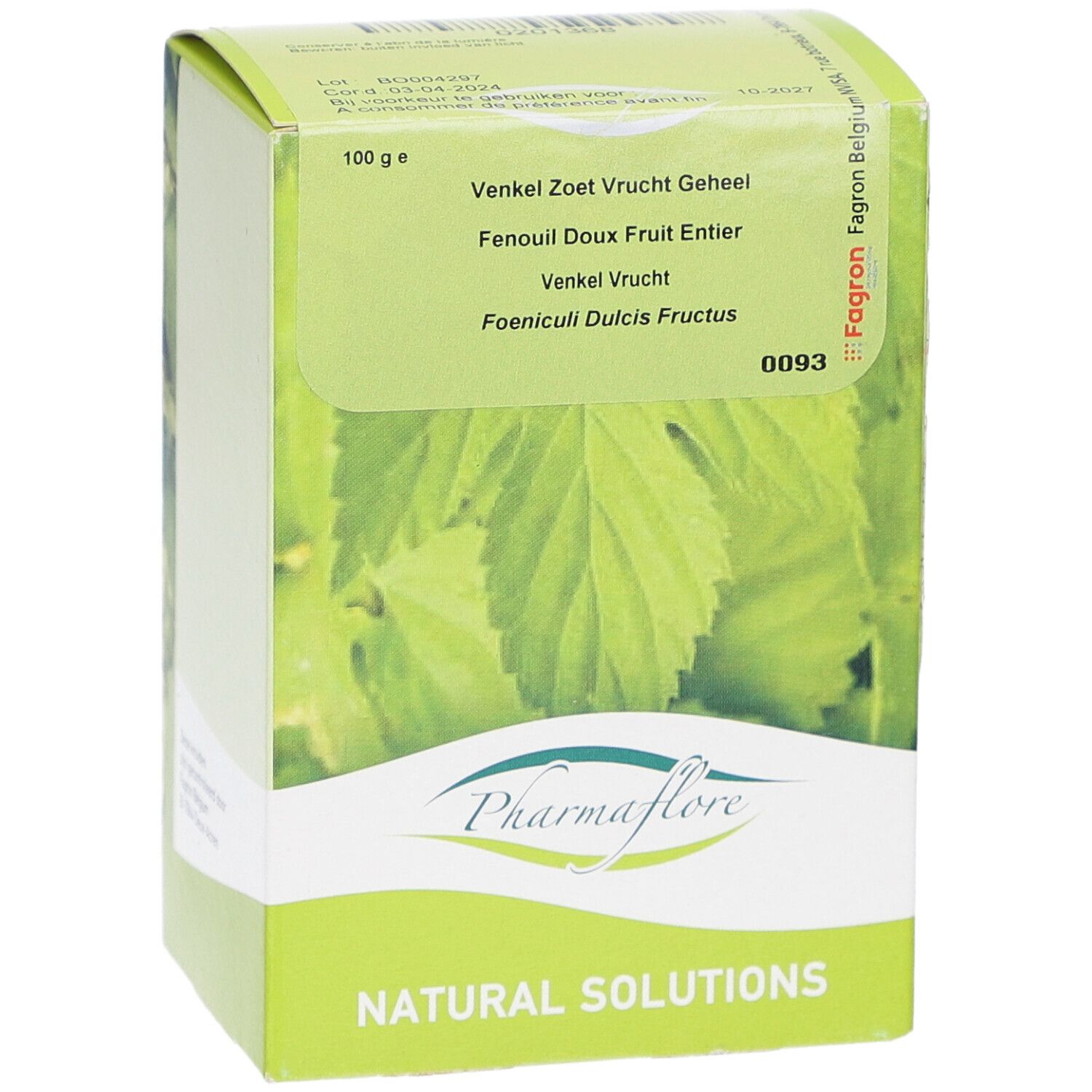 Pharmaflore-Verpackung. Grün-weiße Schachtel mit Produktnamen und Blattmotiv. Text in Niederländisch und Französisch.