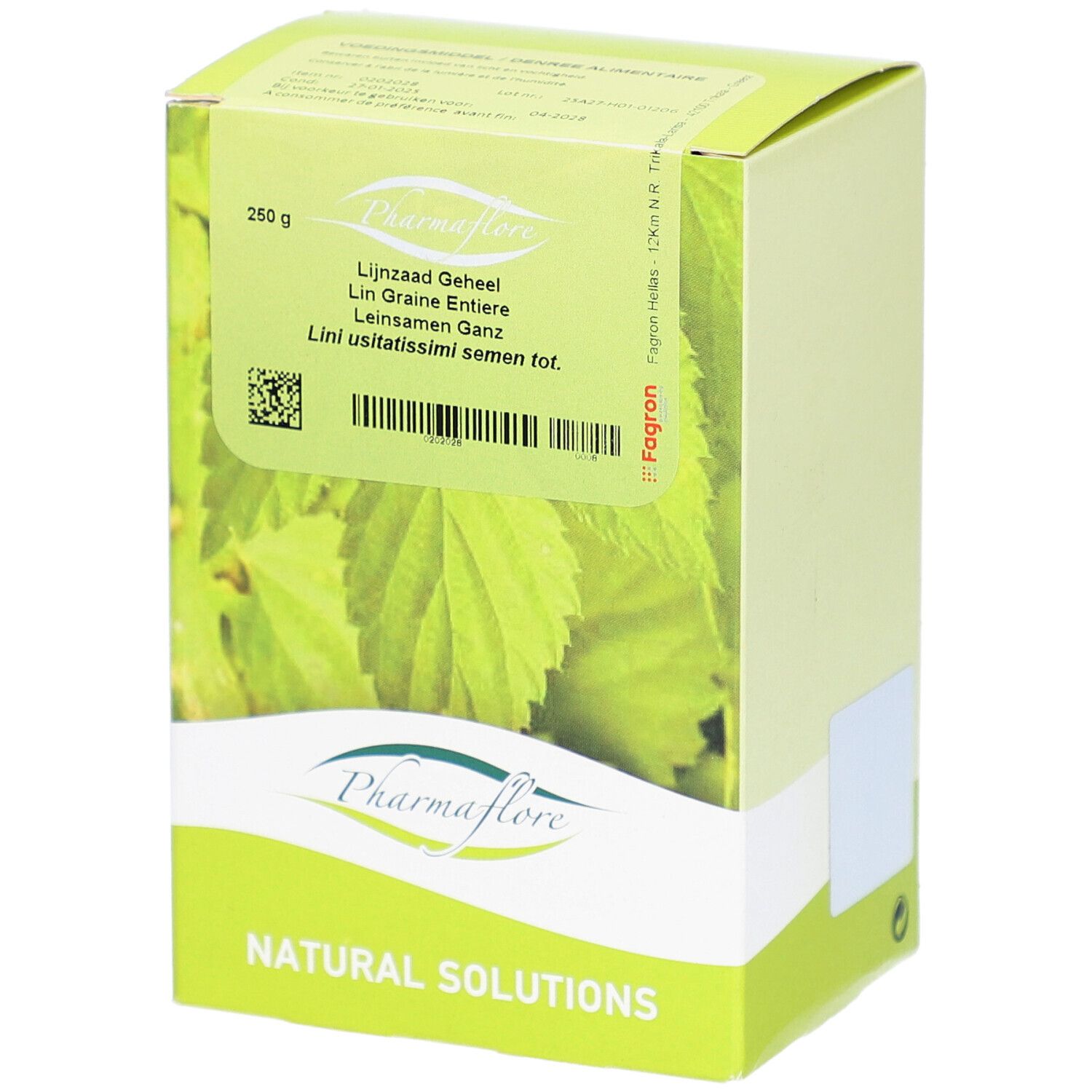 Grüne Schachtel mit Pharmaflore-Logo und Text: Lijnzaad Geheel, Lin Graine Entiere, Leinsamen Ganz. 250g.