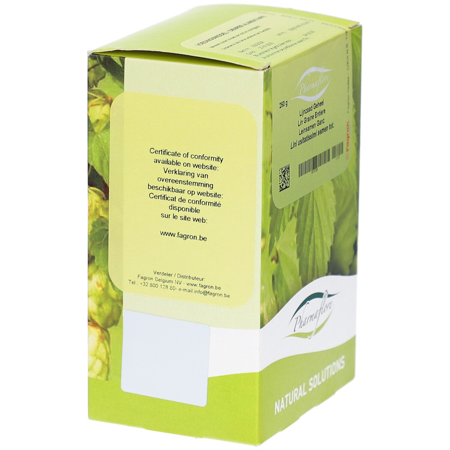 Grüne Schachtel mit Pharmaflore-Logo. Text: Lijnzaad Geheel, Lin Graine Entiere, Leinsamen Ganz. Zertifikat auf Website.