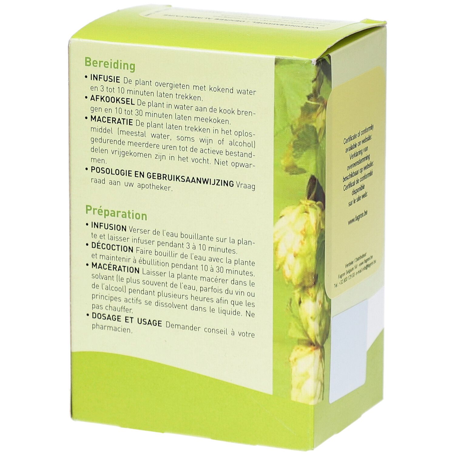 Rückseite einer grünen Schachtel mit Zubereitungshinweisen in Niederländisch und Französisch. Pharmaflore-Logo.