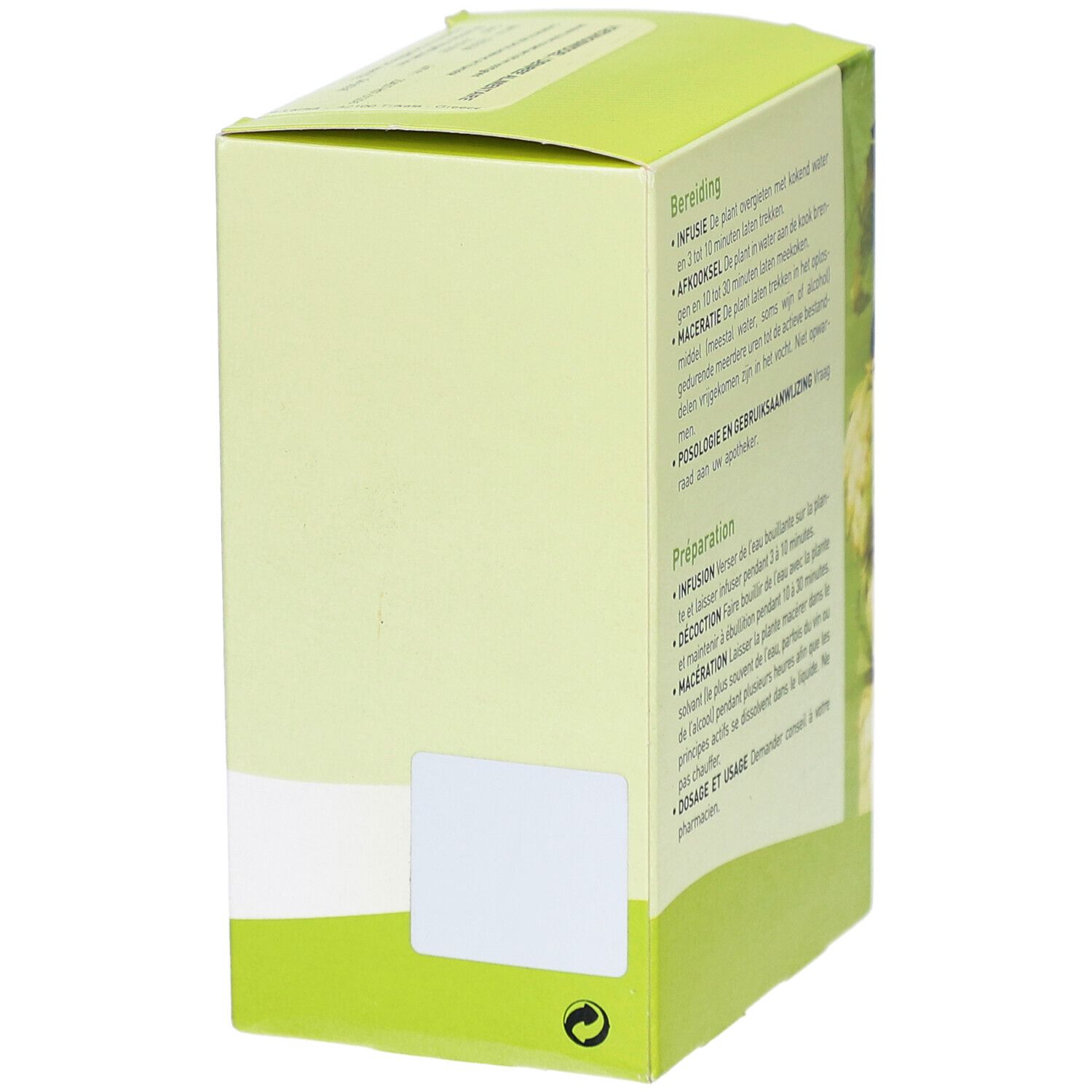 Rückseite einer grünen Schachtel mit Zubereitungshinweisen in Niederländisch und Französisch. Pharmaflore-Logo.