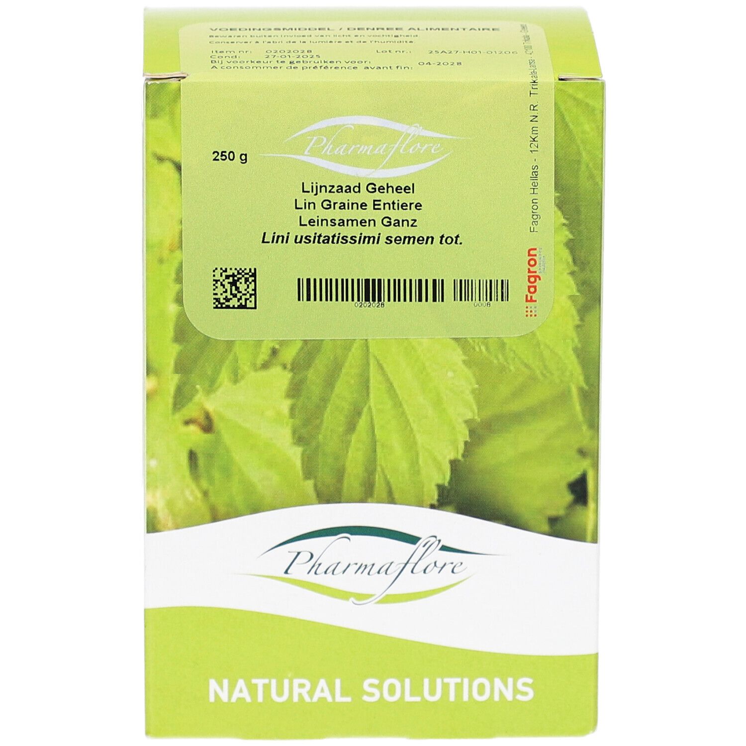 Grüne Schachtel mit Pharmaflore-Logo und Text: Lijnzaad Geheel, Lin Graine Entiere, Leinsamen Ganz. 250g.
