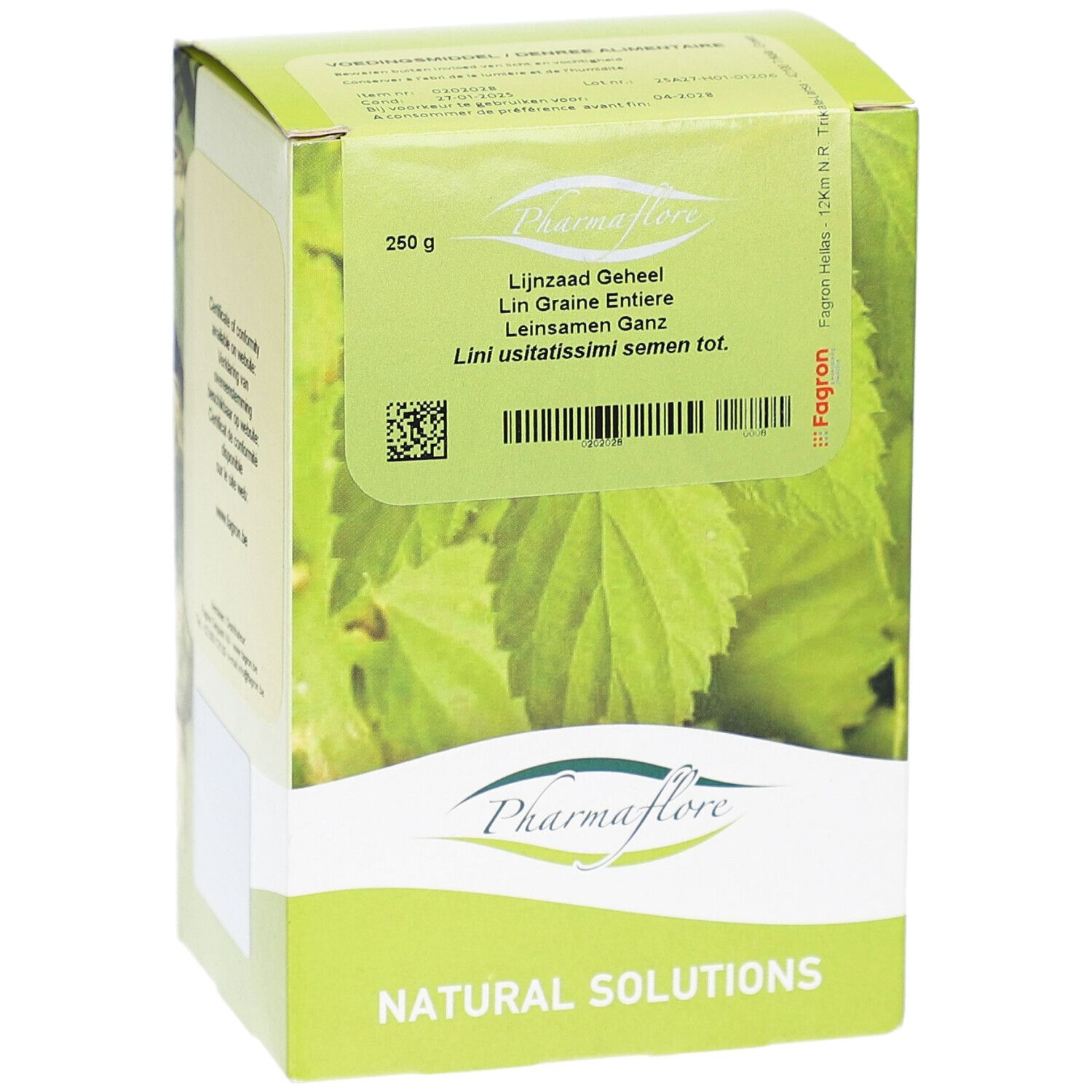 Grüne Schachtel mit Pharmaflore-Logo und Text: Lijnzaad Geheel, Lin Graine Entiere, Leinsamen Ganz. 250g.