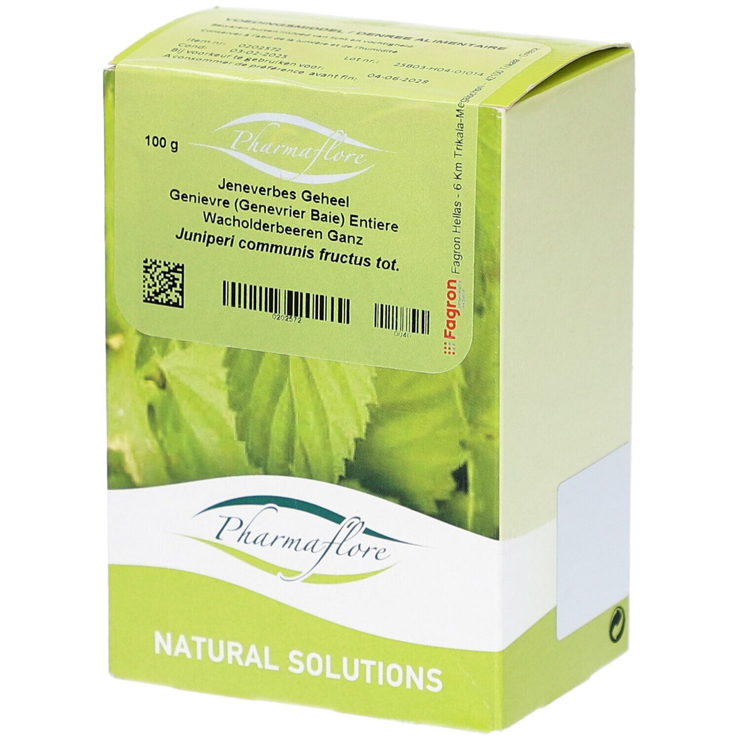 Grüne Schachtel mit Produktinformationen. Aufschrift Pharmaflore, 100g, Wacholderbeeren. Blätter-Illustration.