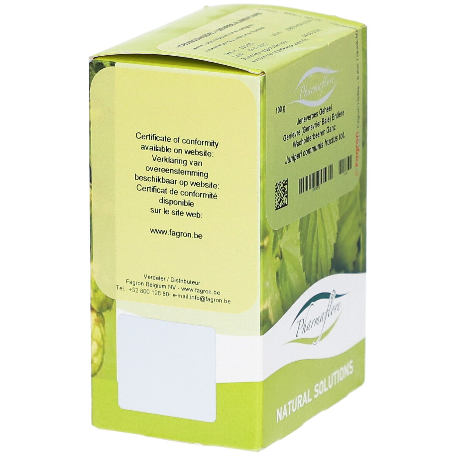 Grüne Schachtel, Seitenansicht. Text: Zertifikat auf Website verfügbar. Logo Pharmaflore. Text in mehreren Sprachen.