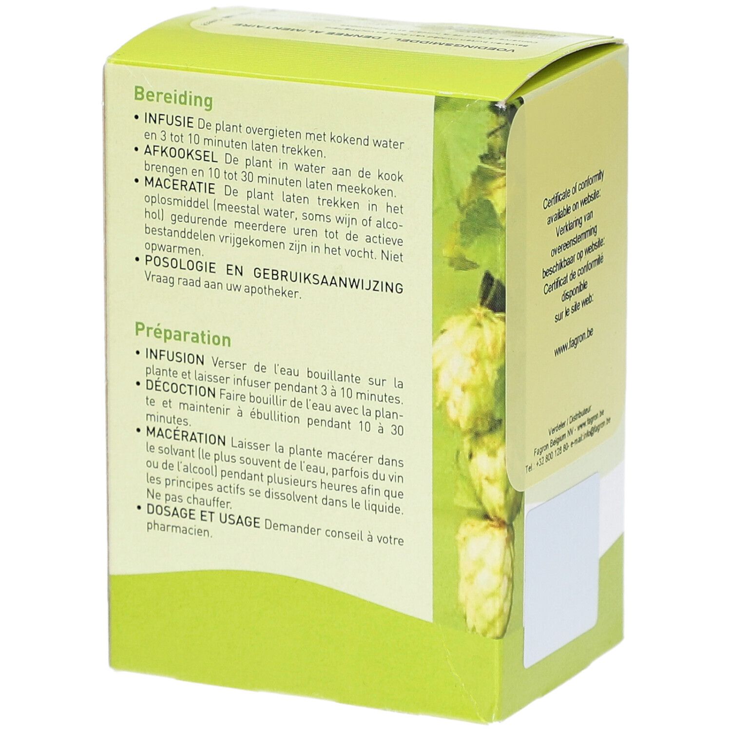 Grüne Schachtel, Rückseite. Zubereitungshinweise in mehreren Sprachen. Illustration von Hopfen.