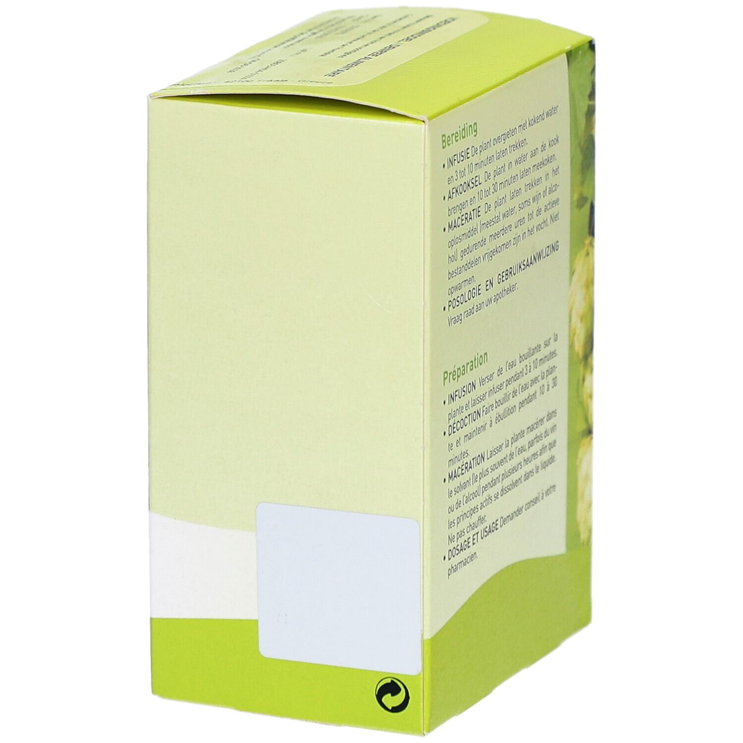 Grüne Schachtel, Seitenansicht. Zubereitungshinweise in mehreren Sprachen. Illustration von Hopfen.