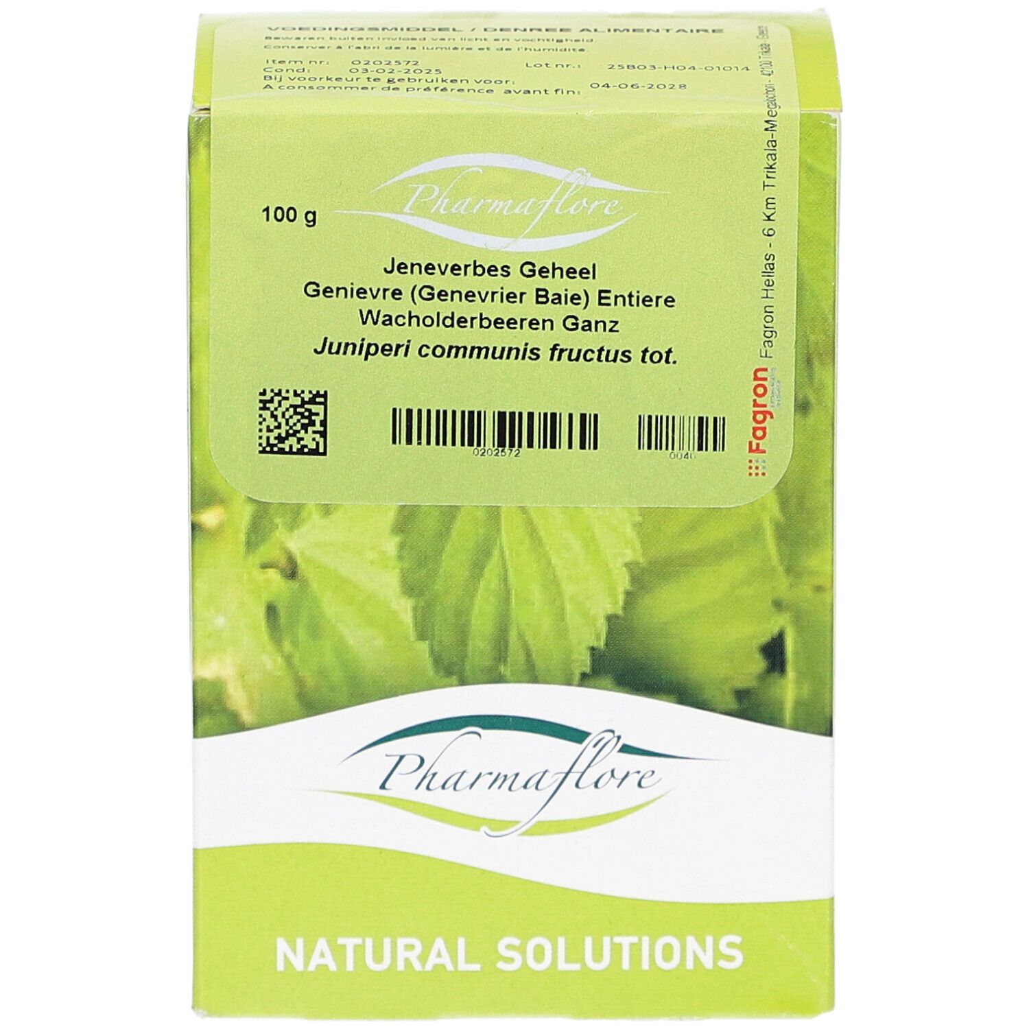 Grüne Schachtel mit Produktinformationen. Aufschrift Pharmaflore, 100g, Wacholderbeeren. Blätter-Illustration.