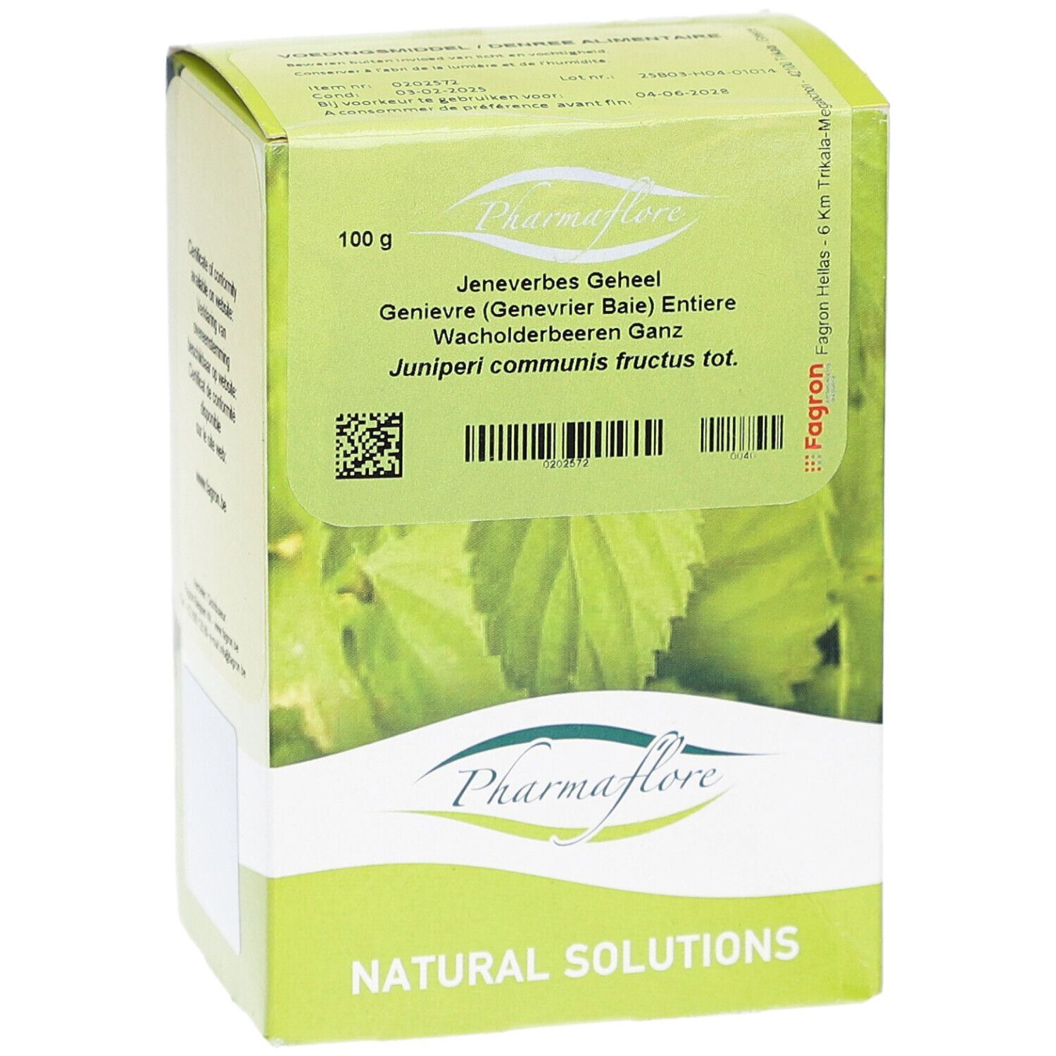 Grüne Schachtel mit Produktinformationen. Aufschrift Pharmaflore, 100g, Wacholderbeeren. Blätter-Illustration.