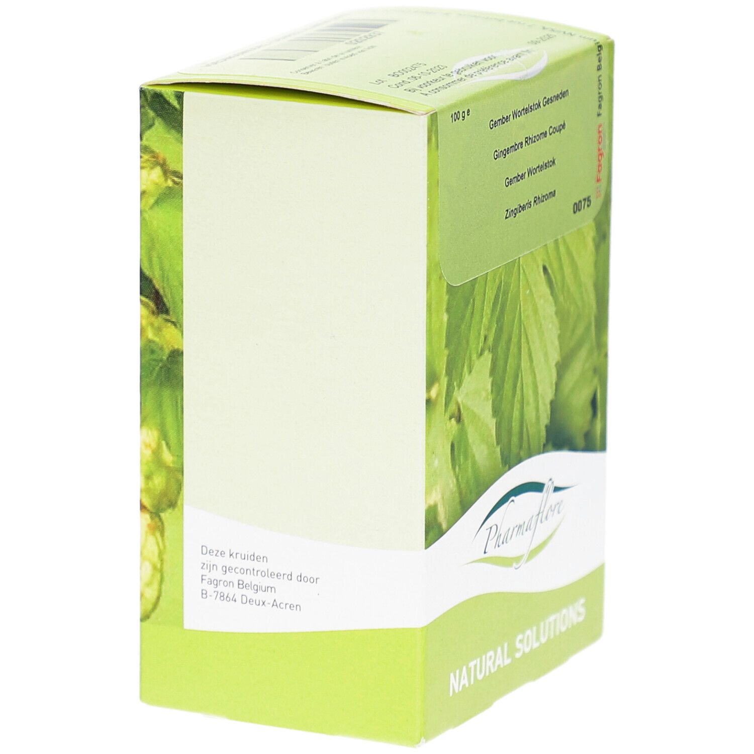 Schräg gestellte Kartonverpackung. Enthält Produktinformationen und das Logo Pharmaflore. Grüner Hintergrund mit Blättern.